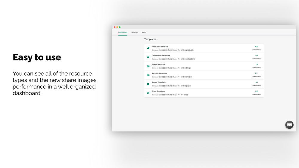 App dashboard showing share image templates per resource type